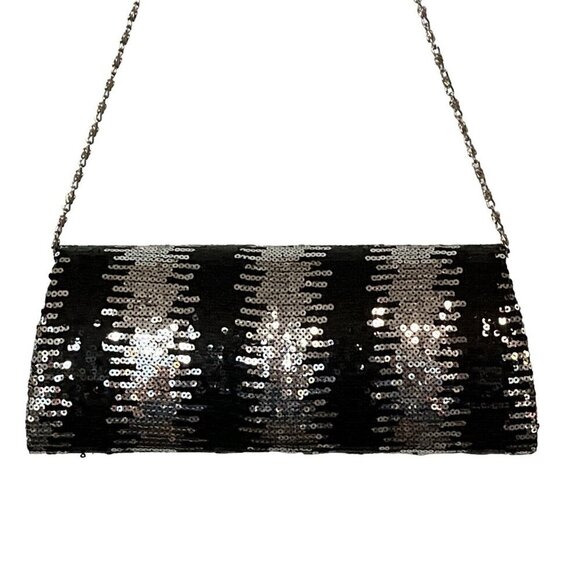Jessica McClintock Black Sequin Handbag Clutch‎ Purse Chain Shoulder Strap - Picture 4 of 11